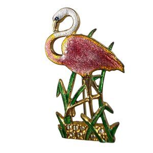Vtg Flamingo Enamel Pin Brooch Gold Tone With Green & Pink Accents bird animal